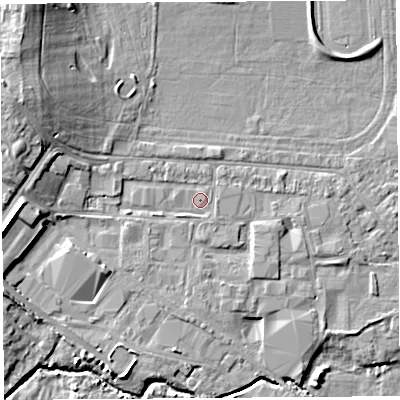 Shaded relief map of the ground around HR49NS, computed from Environment Agency LiDAR. The ground here sits at about 57 m above sea level and falls 12 m across the surrounding 800 m. Surface water reaching this point runs off ground lying to the west, 7.3 m higher.
