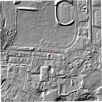 Shaded relief map of the ground around HR49NW, computed from Environment Agency LiDAR. The ground here sits at about 56 m above sea level and falls 6 m across the surrounding 800 m. Surface water reaching this point runs off ground lying to the west, 2.9 m higher.