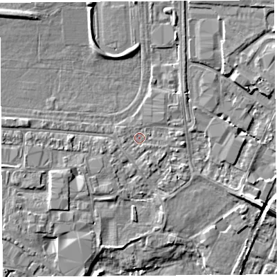 Shaded relief map of the ground around HR49NX, computed from Environment Agency LiDAR. The ground here sits at about 56 m above sea level and falls 6 m across the surrounding 800 m. Surface water reaching this point runs off ground lying to the north-west, 4.0 m higher.