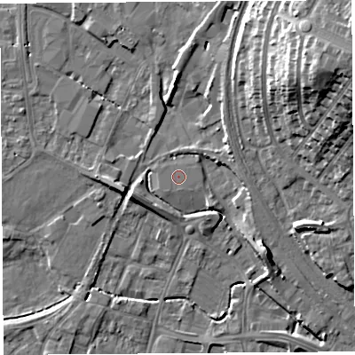 Shaded relief map of the ground around HR49NY, computed from Environment Agency LiDAR. The ground here sits at about 55 m above sea level and falls 21 m across the surrounding 800 m. The ground contributing surface water to this point lies to the south-west.