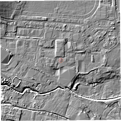Shaded relief map of the ground around HR49NZ, computed from Environment Agency LiDAR. The ground here sits at about 57 m above sea level and falls 8 m across the surrounding 800 m. Surface water reaching this point runs off ground lying to the west-south-west, 0.8 m higher.