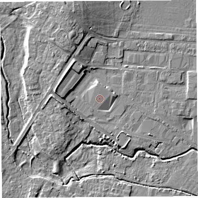 Shaded relief map of the ground around HR49PB, computed from Environment Agency LiDAR. The ground here sits at about 58 m above sea level and falls 10 m across the surrounding 800 m. Surface water reaching this point runs off ground lying to the north, 1.1 m higher.