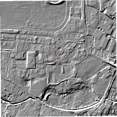 Shaded relief map of the ground around HR49PW, computed from Environment Agency LiDAR. The ground here sits at about 56 m above sea level and falls 6 m across the surrounding 800 m. Surface water reaching this point runs off ground lying to the west-north-west, 1.3 m higher.