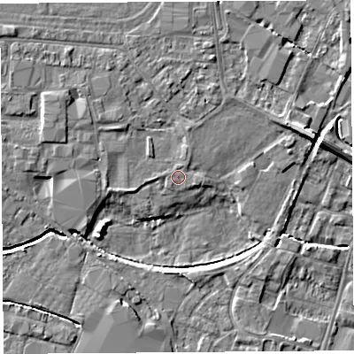 Shaded relief map of the ground around HR49QG, computed from Environment Agency LiDAR. The ground here sits at about 56 m above sea level and falls 7 m across the surrounding 800 m. Surface water reaching this point runs off ground lying to the east-south-east, 0.7 m higher.