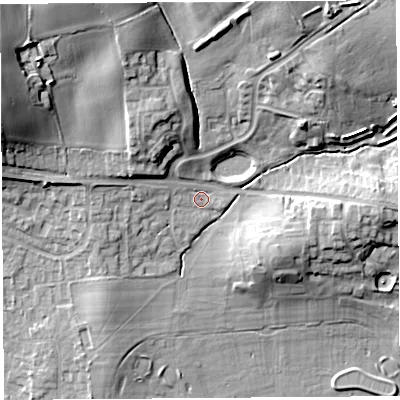 Shaded relief map of the ground around HR49QT, computed from Environment Agency LiDAR. The ground here sits at about 64 m above sea level and falls 23 m across the surrounding 800 m. Surface water reaching this point runs off ground lying to the north-north-east, 16.8 m higher.