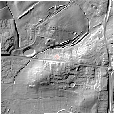 Shaded relief map of the ground around HR49QX, computed from Environment Agency LiDAR. The ground here sits at about 68 m above sea level and falls 23 m across the surrounding 800 m. Surface water reaching this point runs off ground lying to the east-south-east, 3.6 m higher.