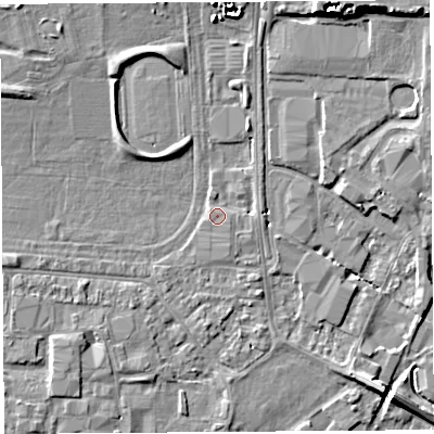 Shaded relief map of the ground around HR49RT, computed from Environment Agency LiDAR. The ground here sits at about 56 m above sea level and falls 9 m across the surrounding 800 m. Surface water reaching this point runs off ground lying to the north-west, 4.2 m higher.