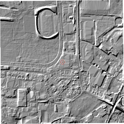Shaded relief map of the ground around HR49RU, computed from Environment Agency LiDAR. The ground here sits at about 56 m above sea level and falls 6 m across the surrounding 800 m. Surface water reaching this point runs off ground lying to the north-west, 3.9 m higher.