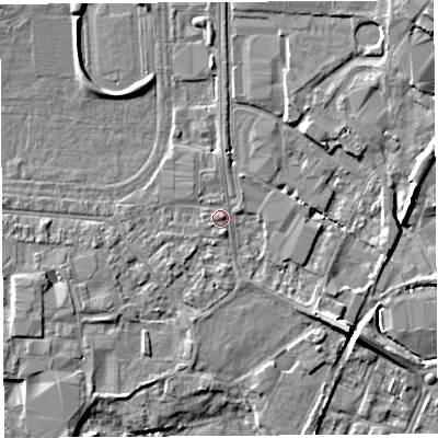 Shaded relief map of the ground around HR49RX, computed from Environment Agency LiDAR. The ground here sits at about 56 m above sea level and falls 8 m across the surrounding 800 m. Surface water reaching this point runs off ground lying to the north-west, 3.4 m higher.