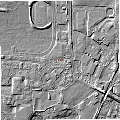 Shaded relief map of the ground around HR49RY, computed from Environment Agency LiDAR. The ground here sits at about 56 m above sea level and falls 6 m across the surrounding 800 m. Surface water reaching this point runs off ground lying to the north-west, 3.8 m higher.