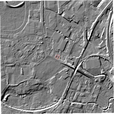 Shaded relief map of the ground around HR49RZ, computed from Environment Agency LiDAR. The ground here sits at about 56 m above sea level and falls 10 m across the surrounding 800 m. Surface water reaching this point runs off ground lying to the south-east, 2.3 m higher.