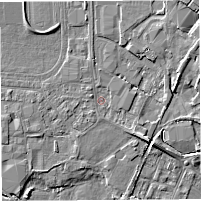 Shaded relief map of the ground around HR49SA, computed from Environment Agency LiDAR. The ground here sits at about 55 m above sea level and falls 8 m across the surrounding 800 m. Surface water reaching this point runs off ground lying to the west-north-west, 1.4 m higher.