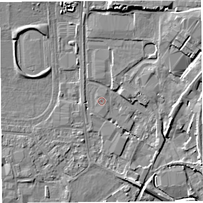 Shaded relief map of the ground around HR49SB, computed from Environment Agency LiDAR. The ground here sits at about 56 m above sea level and falls 11 m across the surrounding 800 m. The ground contributing surface water to this point lies to the west-south-west.