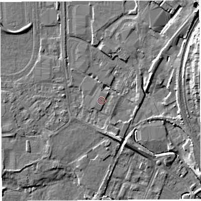 Shaded relief map of the ground around HR49SG, computed from Environment Agency LiDAR. The ground here sits at about 56 m above sea level and falls 12 m across the surrounding 800 m. Surface water reaching this point runs off ground lying to the south, 3.4 m higher.