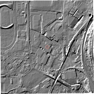 Shaded relief map of the ground around HR49SN, computed from Environment Agency LiDAR. The ground here sits at about 55 m above sea level and falls 13 m across the surrounding 800 m. Surface water reaching this point runs off ground lying to the west-north-west, 0.7 m higher.