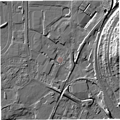 Shaded relief map of the ground around HR49SP, computed from Environment Agency LiDAR. The ground here sits at about 55 m above sea level and falls 17 m across the surrounding 800 m. Surface water reaching this point runs off ground lying to the south-south-west, 3.4 m higher.