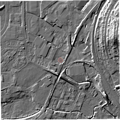 Shaded relief map of the ground around HR49SR, computed from Environment Agency LiDAR. The ground here sits at about 55 m above sea level and falls 19 m across the surrounding 800 m. Surface water reaching this point runs off ground lying to the south-west, 3.4 m higher.