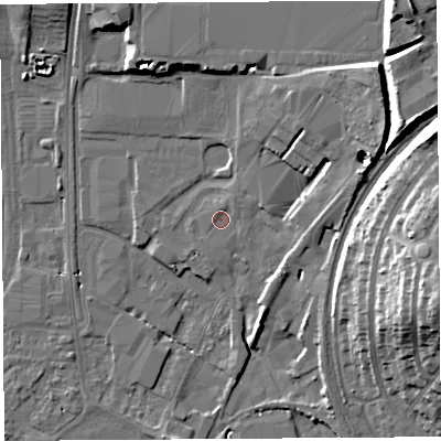 Shaded relief map of the ground around HR49SY, computed from Environment Agency LiDAR. The ground here sits at about 57 m above sea level and falls 19 m across the surrounding 800 m. Surface water reaching this point runs off ground lying to the north-east, 1.8 m higher.