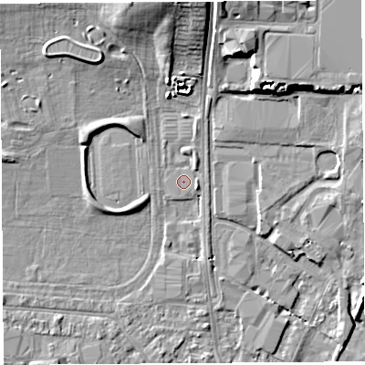 Shaded relief map of the ground around HR49UD, computed from Environment Agency LiDAR. The ground here sits at about 56 m above sea level and falls 13 m across the surrounding 800 m. The ground contributing surface water to this point lies to the east.