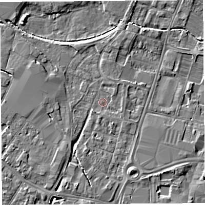 Shaded relief map of the ground around HR49YA, computed from Environment Agency LiDAR. The ground here sits at about 56 m above sea level and falls 5 m across the surrounding 800 m. Surface water reaching this point runs off ground lying to the south-west, 1.3 m higher.