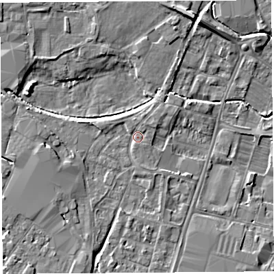 Shaded relief map of the ground around HR49YB, computed from Environment Agency LiDAR. The ground here sits at about 55 m above sea level and falls 7 m across the surrounding 800 m. Surface water reaching this point runs off ground lying to the west, 2.8 m higher.