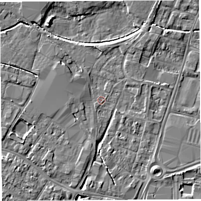 Shaded relief map of the ground around HR49YD, computed from Environment Agency LiDAR. The ground here sits at about 56 m above sea level and falls 5 m across the surrounding 800 m. Surface water reaching this point runs off ground lying to the south, 4.3 m higher.