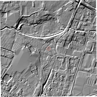 Shaded relief map of the ground around HR49YE, computed from Environment Agency LiDAR. The ground here sits at about 56 m above sea level and falls 7 m across the surrounding 800 m. Surface water reaching this point runs off ground lying to the south-west, 2.8 m higher.