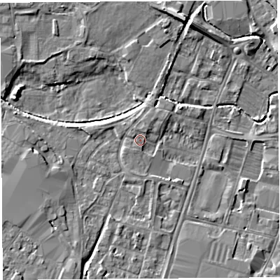 Shaded relief map of the ground around HR49YF, computed from Environment Agency LiDAR. The ground here sits at about 55 m above sea level and falls 7 m across the surrounding 800 m. Surface water reaching this point runs off ground lying to the west, 2.8 m higher.