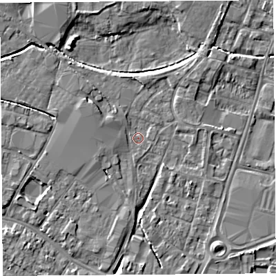 Shaded relief map of the ground around HR49YG, computed from Environment Agency LiDAR. The ground here sits at about 55 m above sea level and falls 5 m across the surrounding 800 m. Surface water reaching this point runs off ground lying to the south-west, 2.7 m higher.