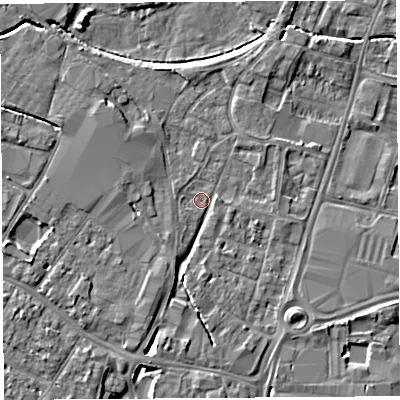 Shaded relief map of the ground around HR49YH, computed from Environment Agency LiDAR. The ground here sits at about 55 m above sea level and falls 5 m across the surrounding 800 m. Surface water reaching this point runs off ground lying to the south, 4.3 m higher.