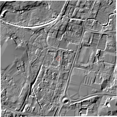 Shaded relief map of the ground around HR49YL, computed from Environment Agency LiDAR. The ground here sits at about 55 m above sea level and falls 5 m across the surrounding 800 m. Surface water reaching this point runs off ground lying to the south, 0.7 m higher.