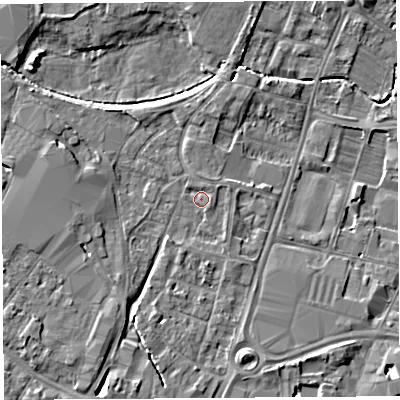 Shaded relief map of the ground around HR49YN, computed from Environment Agency LiDAR. The ground here sits at about 56 m above sea level and falls 5 m across the surrounding 800 m. Surface water reaching this point runs off ground lying to the south-west, 1.3 m higher.