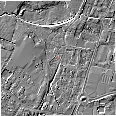 Shaded relief map of the ground around HR49YQ, computed from Environment Agency LiDAR. The ground here sits at about 55 m above sea level and falls 5 m across the surrounding 800 m. Surface water reaching this point runs off ground lying to the south, 4.3 m higher.