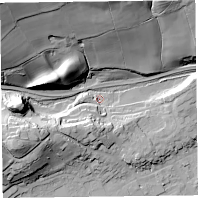 Shaded relief map of the ground around HR53AF, computed from Environment Agency LiDAR. The ground here sits at about 159 m above sea level and falls 73 m across the surrounding 800 m. Surface water reaching this point runs off ground lying to the south-west, 23.3 m higher.
