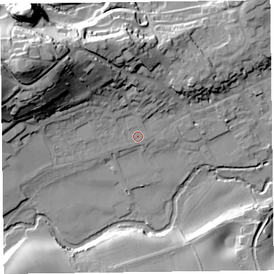 Shaded relief map of the ground around HR53AL, computed from Environment Agency LiDAR. The ground here sits at about 160 m above sea level and falls 44 m across the surrounding 800 m. Surface water reaching this point runs off ground lying to the north-west, 33.2 m higher.