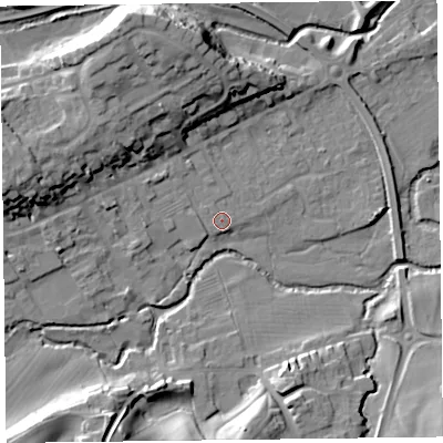 Shaded relief map of the ground around HR53BU, computed from Environment Agency LiDAR. The ground here sits at about 154 m above sea level and falls 22 m across the surrounding 800 m. Surface water reaching this point runs off ground lying to the west-north-west, 0.7 m higher.