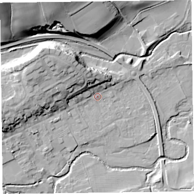 Shaded relief map of the ground around HR53BX, computed from Environment Agency LiDAR. The ground here sits at about 153 m above sea level and falls 36 m across the surrounding 800 m. Surface water reaching this point runs off ground lying to the north-west, 17.4 m higher.