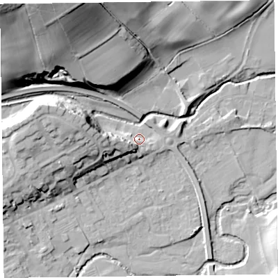 Shaded relief map of the ground around HR53DA, computed from Environment Agency LiDAR. The ground here sits at about 152 m above sea level and falls 48 m across the surrounding 800 m. Surface water reaching this point runs off ground lying to the west, 12.2 m higher.