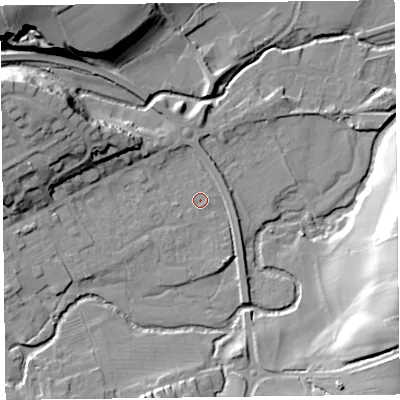 Shaded relief map of the ground around HR53DB, computed from Environment Agency LiDAR. The ground here sits at about 151 m above sea level and falls 32 m across the surrounding 800 m. Surface water reaching this point runs off ground lying to the south-west, 1.0 m higher.