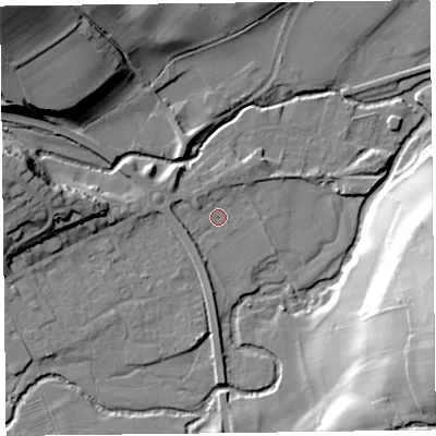 Shaded relief map of the ground around HR53DD, computed from Environment Agency LiDAR. The ground here sits at about 150 m above sea level and falls 40 m across the surrounding 800 m. Surface water reaching this point runs off ground lying to the north-west, 4.3 m higher.