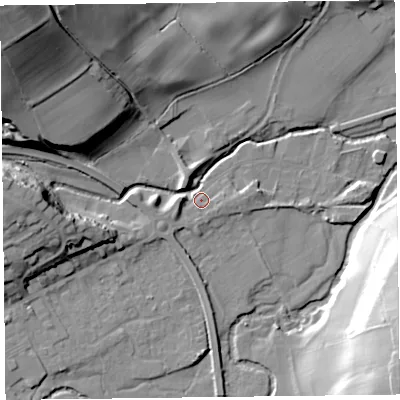 Shaded relief map of the ground around HR53DE, computed from Environment Agency LiDAR. The ground here sits at about 151 m above sea level and falls 47 m across the surrounding 800 m. Surface water reaching this point runs off ground lying to the north-west, 42.9 m higher.