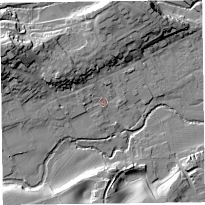 Shaded relief map of the ground around HR53DL, computed from Environment Agency LiDAR. The ground here sits at about 155 m above sea level and falls 30 m across the surrounding 800 m. Surface water reaching this point runs off ground lying to the west-north-west, 25.9 m higher.