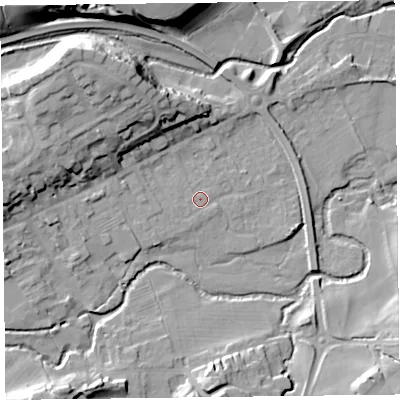 Shaded relief map of the ground around HR53DQ, computed from Environment Agency LiDAR. The ground here sits at about 153 m above sea level and falls 23 m across the surrounding 800 m. Surface water reaching this point runs off ground lying to the west-south-west, 1.8 m higher.