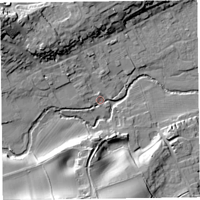 Shaded relief map of the ground around HR53DT, computed from Environment Agency LiDAR. The ground here sits at about 153 m above sea level and falls 28 m across the surrounding 800 m. Surface water reaching this point runs off ground lying to the west-north-west, 6.9 m higher.