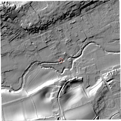 Shaded relief map of the ground around HR53DU, computed from Environment Agency LiDAR. The ground here sits at about 154 m above sea level and falls 31 m across the surrounding 800 m. Surface water reaching this point runs off ground lying to the west-north-west, 6.9 m higher.