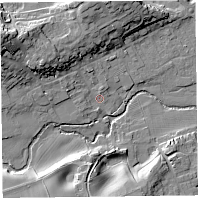 Shaded relief map of the ground around HR53DW, computed from Environment Agency LiDAR. The ground here sits at about 154 m above sea level and falls 28 m across the surrounding 800 m. Surface water reaching this point runs off ground lying to the west-north-west, 24.7 m higher.