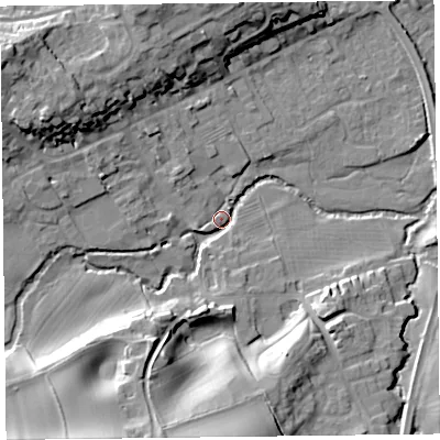 Shaded relief map of the ground around HR53DX, computed from Environment Agency LiDAR. The ground here sits at about 153 m above sea level and falls 23 m across the surrounding 800 m. Surface water reaching this point runs off ground lying to the south-south-west, 21.4 m higher.