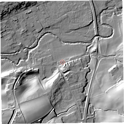 Shaded relief map of the ground around HR53DY, computed from Environment Agency LiDAR. The ground here sits at about 154 m above sea level and falls 37 m across the surrounding 800 m. Surface water reaching this point runs off ground lying to the south-east, 5.8 m higher.