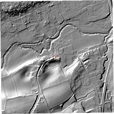 Shaded relief map of the ground around HR53DZ, computed from Environment Agency LiDAR. The ground here sits at about 155 m above sea level and falls 44 m across the surrounding 800 m. Surface water reaching this point runs off ground lying to the west-south-west, 5.5 m higher.