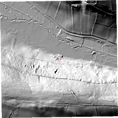 Shaded relief map of the ground around HR53EF, computed from Environment Agency LiDAR. The ground here sits at about 175 m above sea level and falls 157 m across the surrounding 800 m. Surface water reaching this point runs off ground lying to the south-south-west, 136.6 m higher.